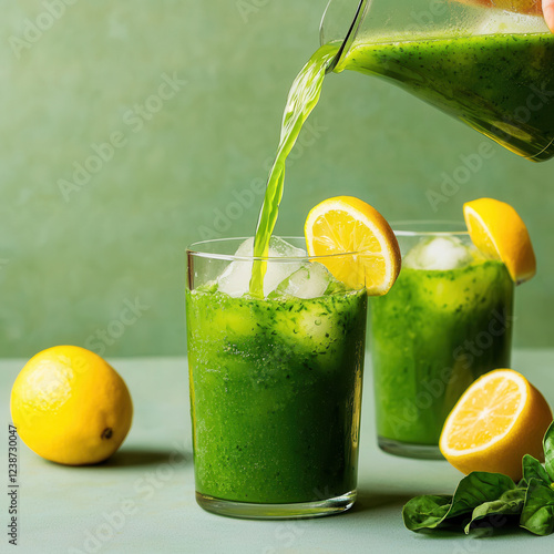 Refreshing matcha lemon beverage with ice and lemon slices