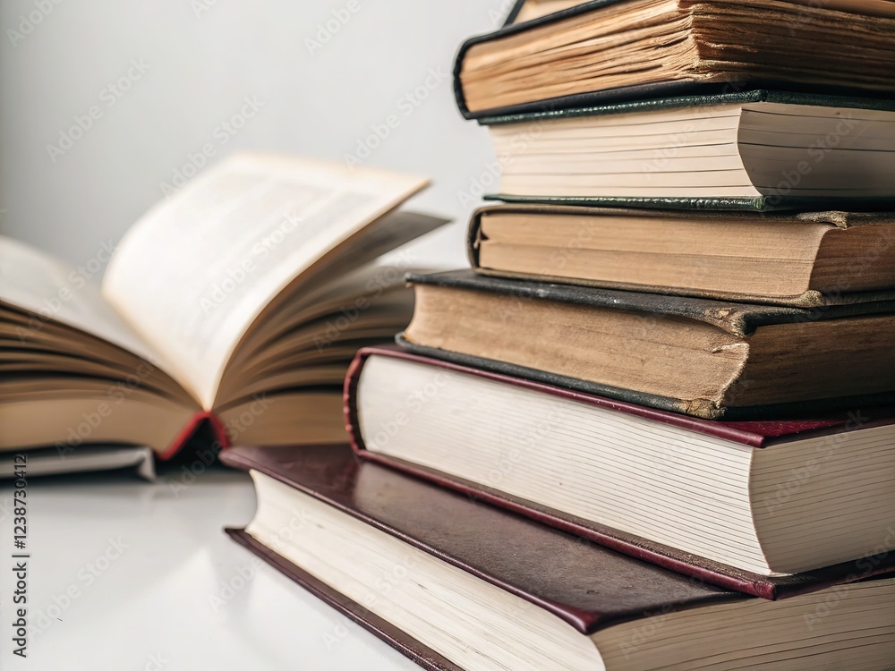 Stylish book pile, minimalist white, AI-generated fashion photo. Stylish book pile, minimalist white, AI-generated fashion photo.