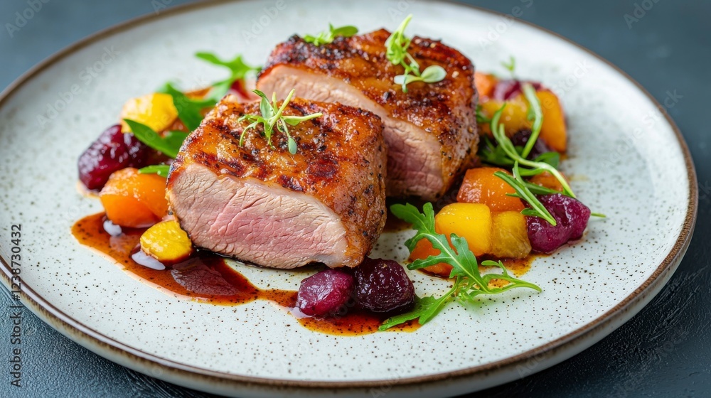 Elegant Duck Breast with Crispy Skin and Colorful Garnish Elegant Duck Breast with Crispy Skin and Colorful Garnish