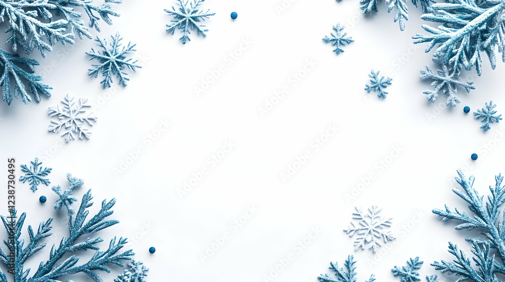 Winter wonderland scene; snowflakes and frosted branches frame a white background; ideal for holiday greeting cards Winter wonderland scene; snowflakes and frosted branches frame a white background; ideal for holiday greeting cards