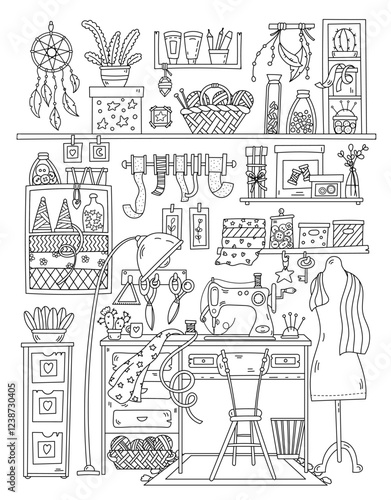 Coloring Page Of Workshop Room For Tailor And Seamstress Shelves For Kids And Adults