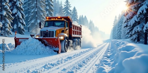 A snowplow clears a snowy road surrounded by tall winter trees and bright sunlight. photo