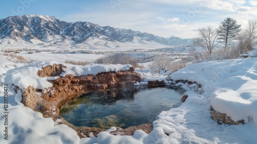 Wallpaper Mural Winter hot springs with snow covered hills and mountains in a beautiful landscape Torontodigital.ca