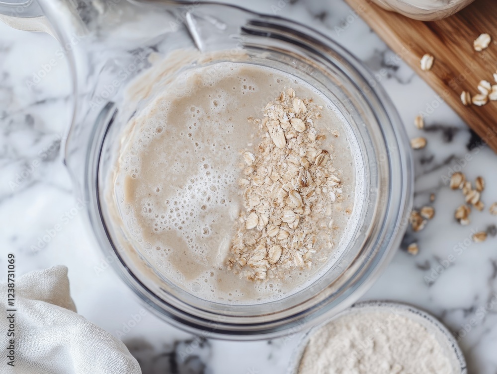 Top view of glass bowl with oat milk preparation with raw oats on top Top view of glass bowl with oat milk preparation with raw oats on top
