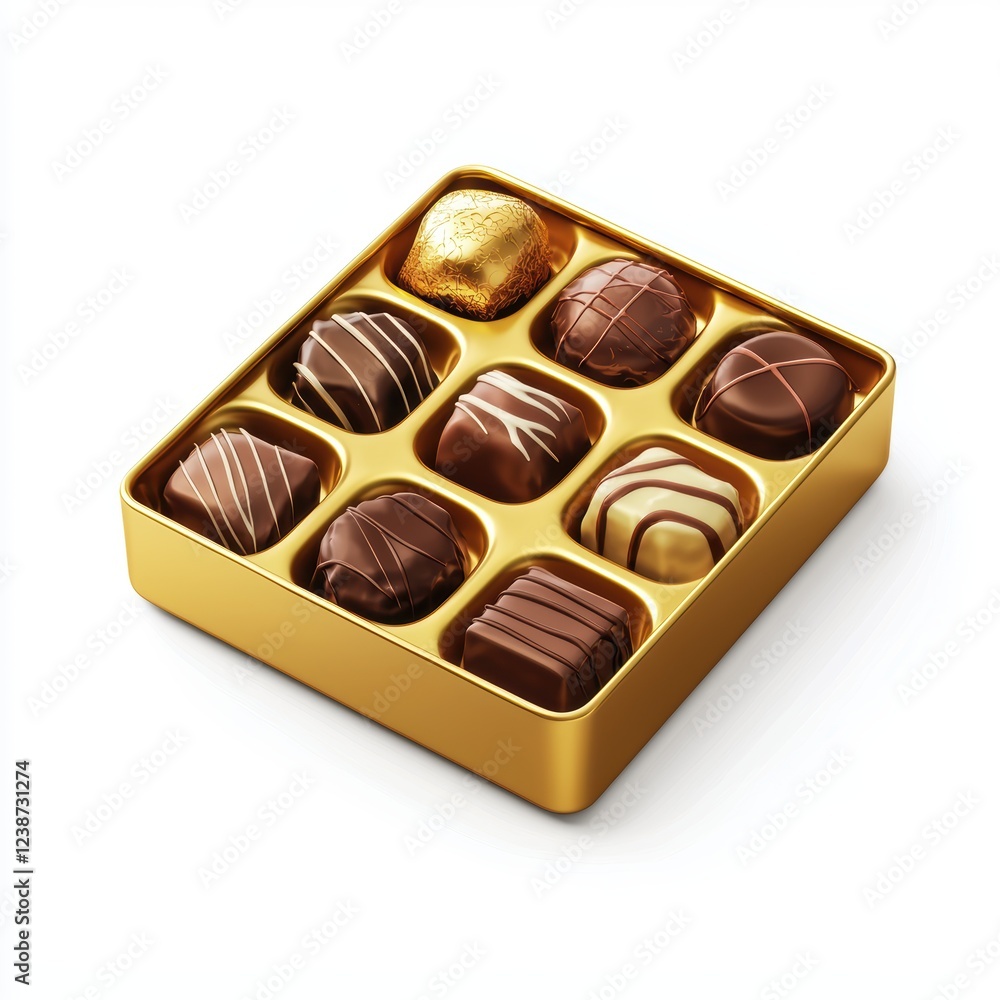 Box of assorted chocolate pralines with gold wrapping, isolated on white background Box of assorted chocolate pralines with gold wrapping, isolated on white background