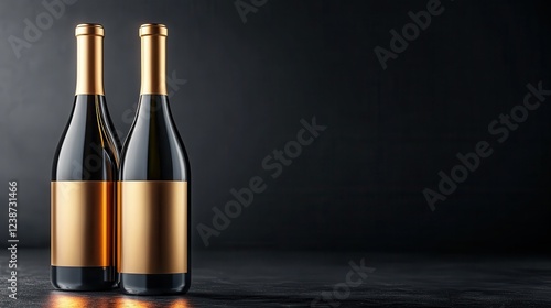 Two charming wine bottles beautifully staged for an elegant display, exuding sophistication and inviting admirers to discover their premium contents in a dark setting. photo