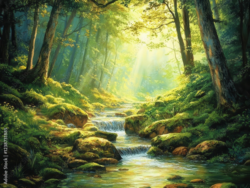 enchanted forest stream with moss-covered rocks, dappled sunlight filtering through dense canopy, creating magical atmosphere enchanted forest stream with moss-covered rocks, dappled sunlight filtering through dense canopy, creating magical atmosphere