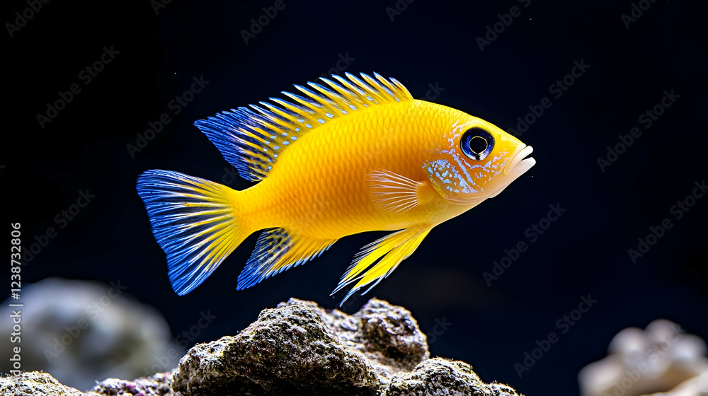 Naklejka premium Yellow cichlid fish swimming in aquarium, dark background, rocks, underwater scene, ideal for pet shops