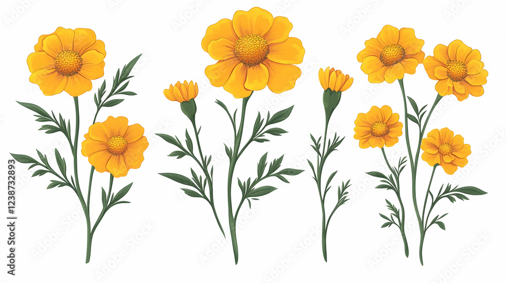 Fototapeta premium Yellow flowers, various stages, white background, design element