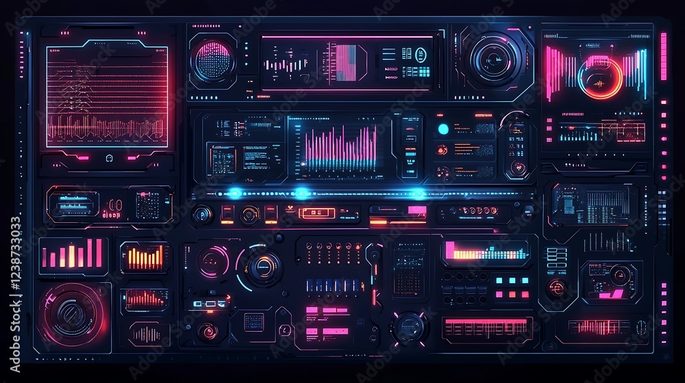 Fototapeta premium Futuristic Neon Tech Interface Digital Dashboard with Glowing Graphs Displays
