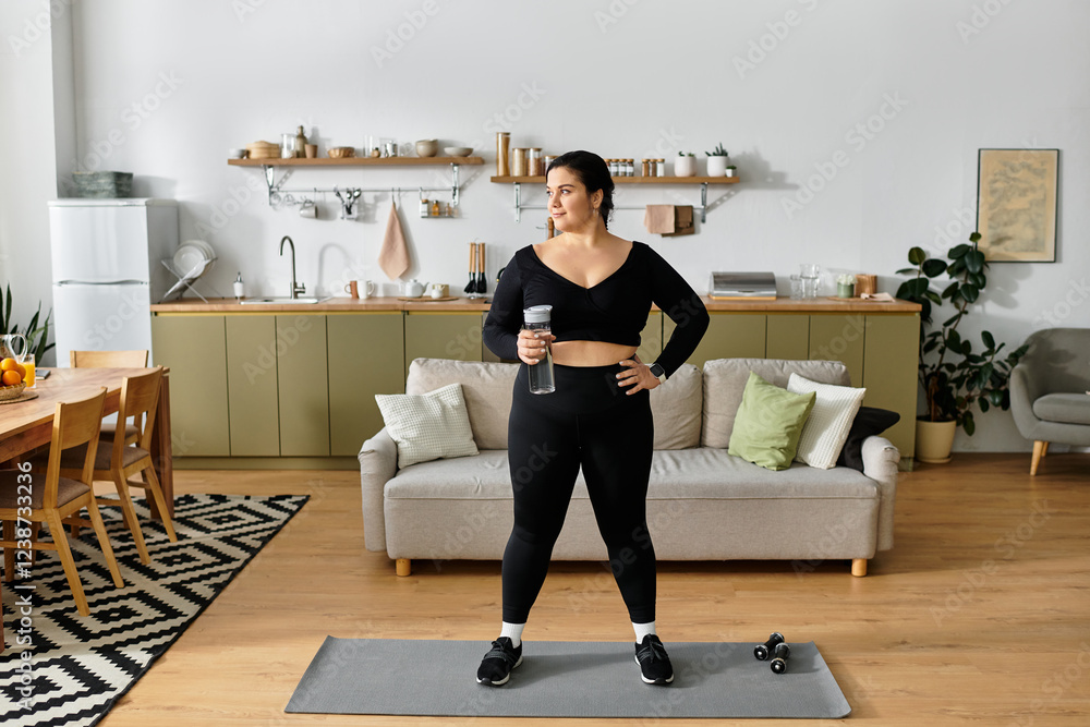 Fototapeta premium Young plus sized woman showcases strength while holding a water bottle in a stylish living space.