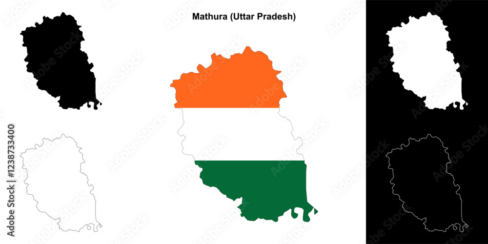 Fototapeta premium Mathura district (Uttar Pradesh) blank outline map set