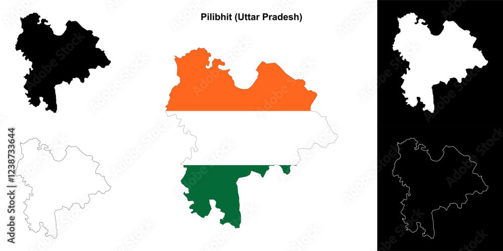 Fototapeta premium Pilibhit district (Uttar Pradesh) blank outline map set