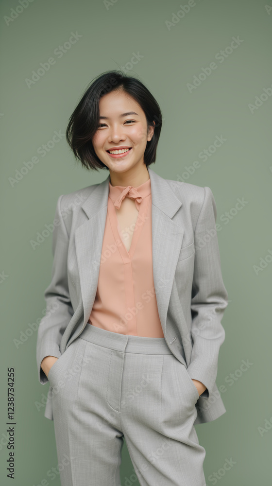 confident woman in gray suit with pink blouse, smiling against green background confident woman in gray suit with pink blouse, smiling against green background