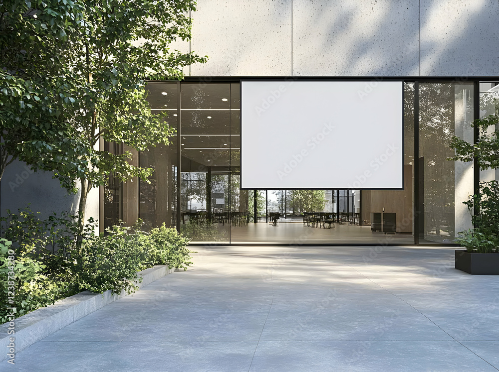 Obraz premium Modern Building Exterior with Blank Sign and Greenery