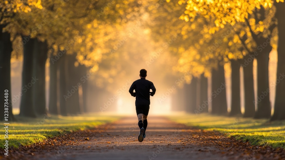 Obraz premium Runner in Autumn Park Surrounded by Golden Foliage and Trees