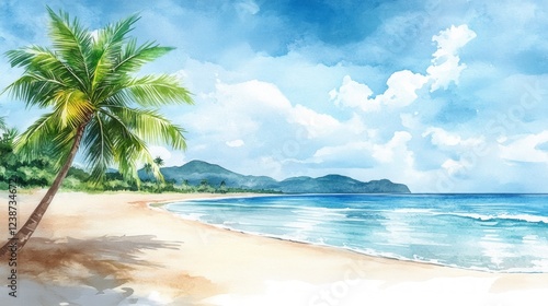 Wallpaper Mural Tranquil tropical beach featuring swaying palm trees, soft sands, and peaceful waves under a bright blue sky with fluffy white clouds Torontodigital.ca