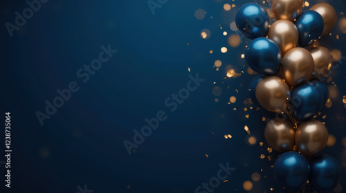 Colorful balloons with gold and blue tones against dark background, creating festive atmosphere
