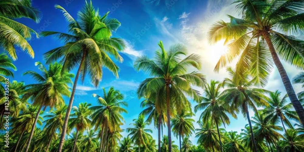 Fototapeta premium Lush Tropical Paradise A Canopy of Palm Trees Under a Bright Sunny Sky