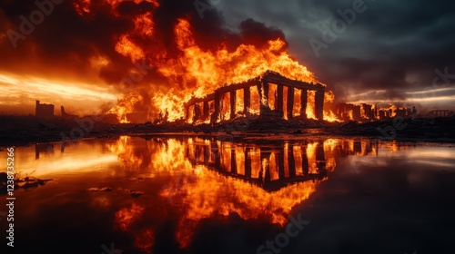 An evocative scene of charred remains engulfed in flames, reflecting in still water, illustrating a powerful narrative of destruction, survival, and resilience in the face of tragedy. photo