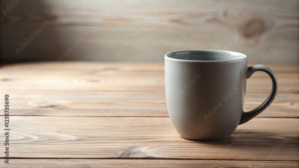 A simple grey mug rests on a rustic wooden table against a blurred wooden background A simple grey mug rests on a rustic wooden table against a blurred wooden background