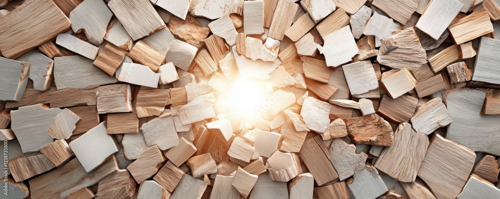 Abstract background image with shattered wooden pieces exploding outwards from a central bright light source, showcasing fractured texture and dynamic motion, suitable for various projects needing Abstract background image with shattered wooden pieces exploding outwards from a central bright light source, showcasing fractured texture and dynamic motion, suitable for various projects needing