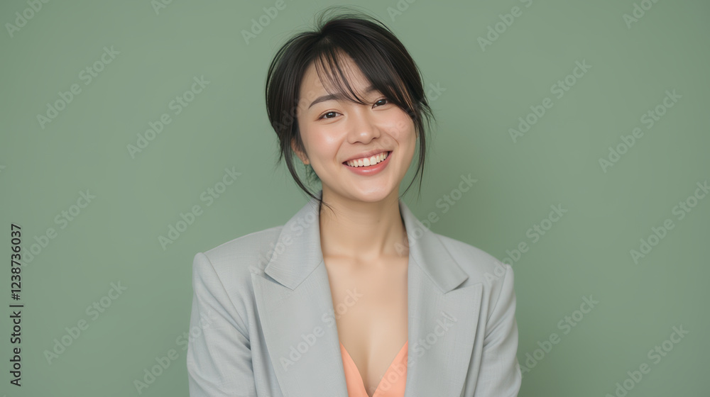 smiling woman in light gray blazer against green background, exuding confidence and warmth smiling woman in light gray blazer against green background, exuding confidence and warmth