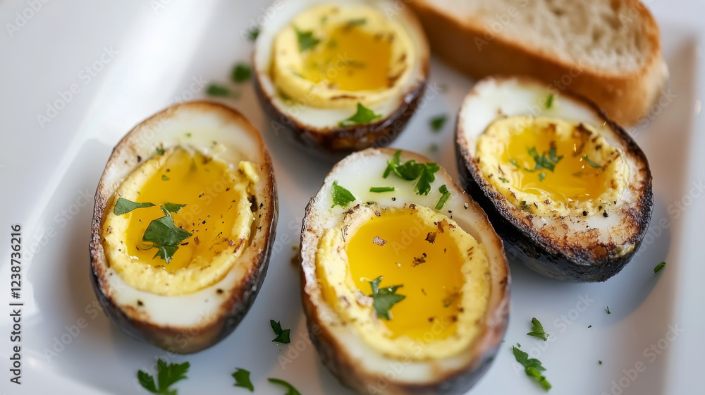 Freshly baked eggs with a creamy, runny yolk are perfectly seasoned and garnished with green herbs, accompanied by a slice of crusty bread on a clean white plate Freshly baked eggs with a creamy, runny yolk are perfectly seasoned and garnished with green herbs, accompanied by a slice of crusty bread on a clean white plate