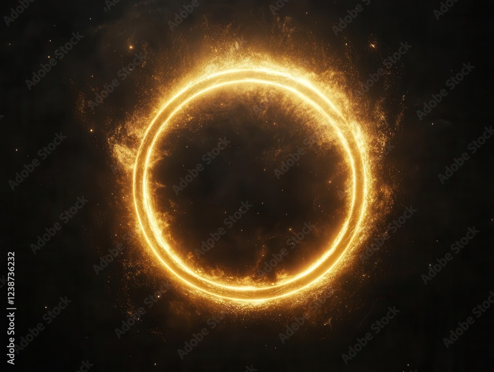 Naklejka premium ethereal golden light rings forming cosmic mandala pattern against infinite black void, mystical atmosphere