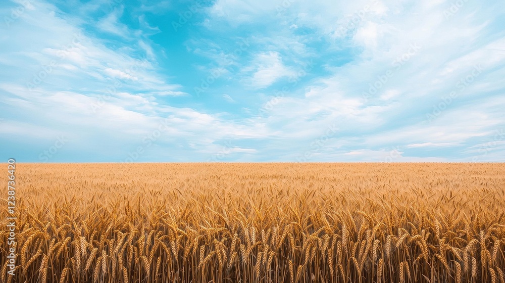Fototapeta premium Expansive Wheat Field Under Clear Blue Sky with Soft Clouds Above