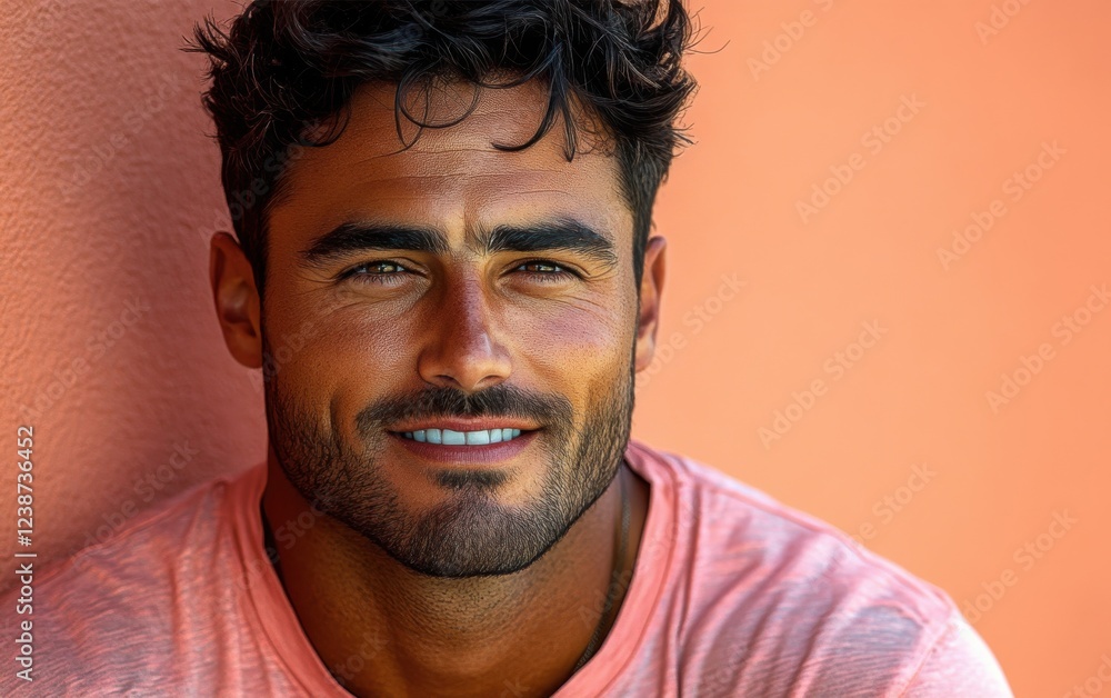 handsome man smiling with a mustache and a causal t-shirt