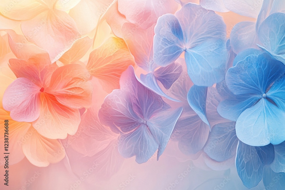 Vibrant hydrangea petals in pastel shades of blue and pink creating a soft floral background Vibrant hydrangea petals in pastel shades of blue and pink creating a soft floral background