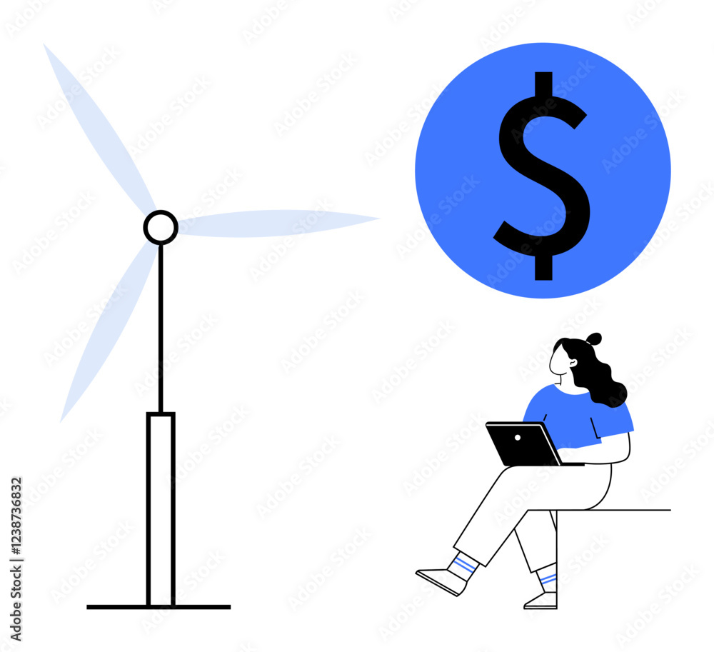 Wind turbine next to a person sitting with a laptop, large dollar symbol in blue circle. Ideal for sustainability, finance, investment, green energy, technology, environmental awareness, educational Wind turbine next to a person sitting with a laptop, large dollar symbol in blue circle. Ideal for sustainability, finance, investment, green energy, technology, environmental awareness, educational