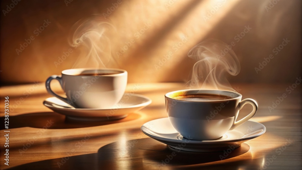 Two steaming cups of coffee on a wooden table bathed in sunlight Two steaming cups of coffee on a wooden table bathed in sunlight
