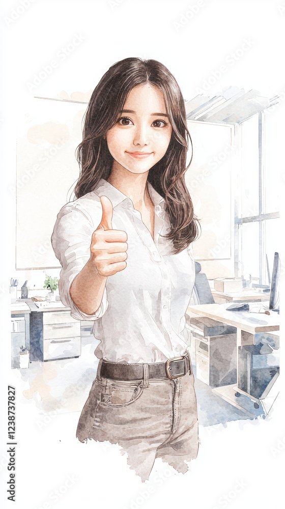 Professional woman gesturing thumbs up in modern office setting, expressing confidence and positivity