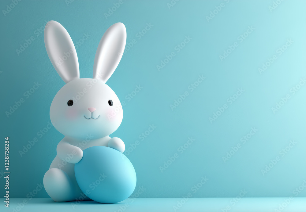 A small white bunny with long ears sits on a smooth surface, gently clutching a blue egg. The soft pastel background adds a cheerful spring atmosphere to the delightful display A small white bunny with long ears sits on a smooth surface, gently clutching a blue egg. The soft pastel background adds a cheerful spring atmosphere to the delightful display