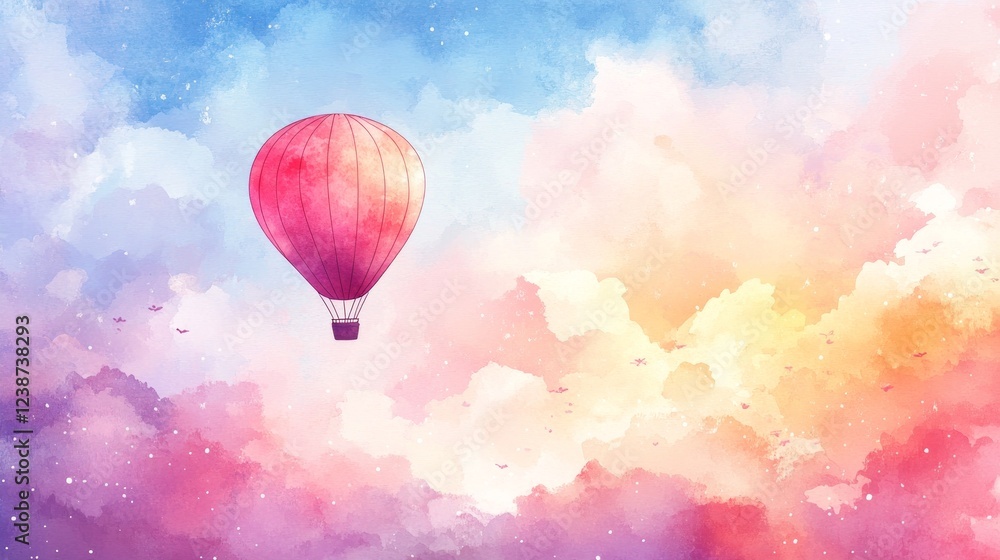 Obraz premium A hot air balloon drifts gracefully through a sky painted with pastel shades. The clouds create a tranquil backdrop, enhancing the calm atmosphere