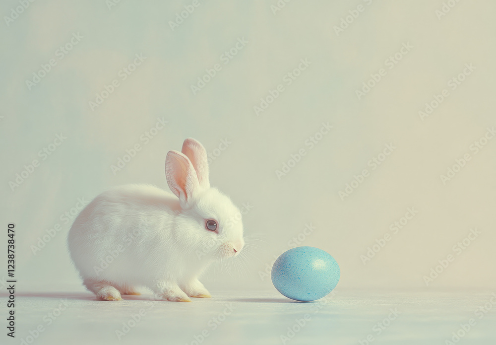 Obraz premium A small white bunny is curiously observing a pastel blue egg, creating a playful atmosphere typical of spring festivities. The soft colors enhance the cheerful mood of the moment