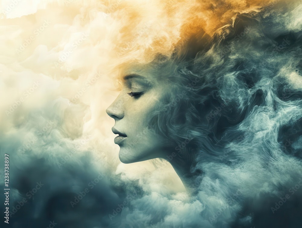 custom made wallpaper toronto digitalethereal portrait of woman surrounded by swirling mist, head dissolving into cloudy atmosphere, muted colors and dramatic shadows conveying emotional depth