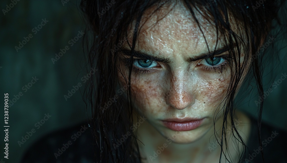Wet woman looks at camera with dark background Wet woman looks at camera with dark background