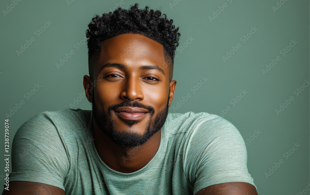 Obraz premium A man with a beard and a green shirt is smiling