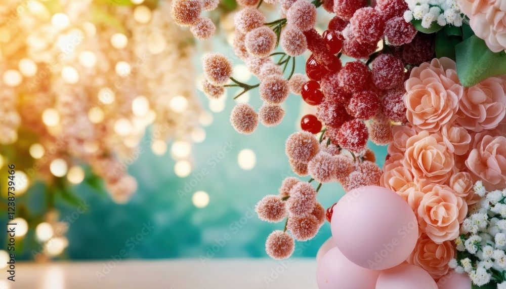 Elegant floral arrangement with soft pink roses, delicate white flowers, and frosted red berries, displayed against a blurred, bokeh background with warm, golden lights, perfect for romantic Elegant floral arrangement with soft pink roses, delicate white flowers, and frosted red berries, displayed against a blurred, bokeh background with warm, golden lights, perfect for romantic