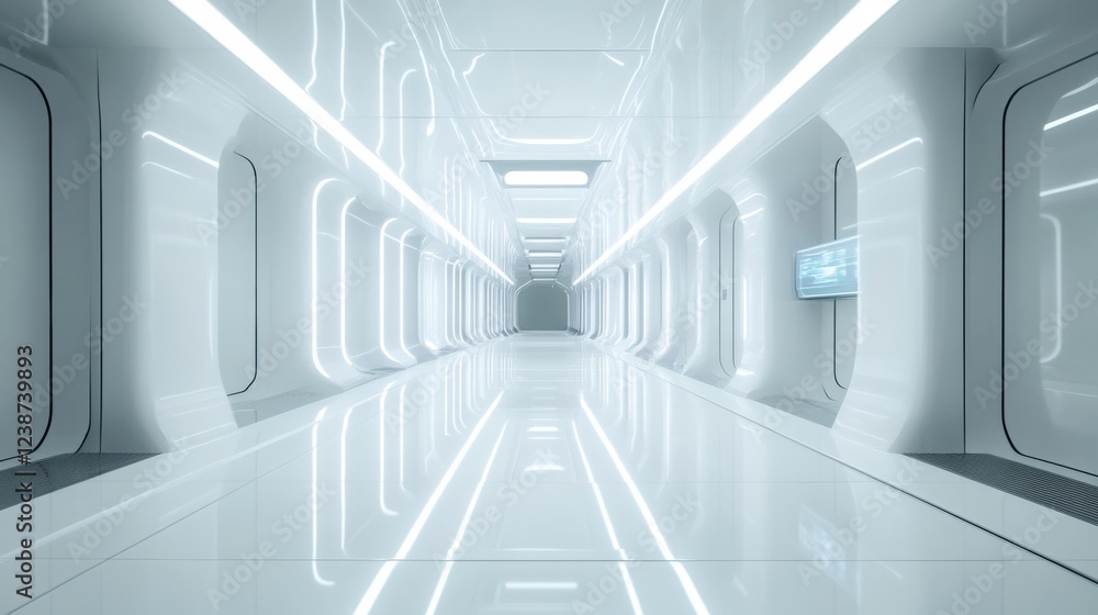Obraz premium Futuristic Corridor With White Walls And Reflective Floor Leading To A Distant Exit View