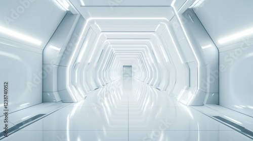 Futuristic Hallway with Illuminated Panels Creating Perspective in a White Sci Fi Tunnel