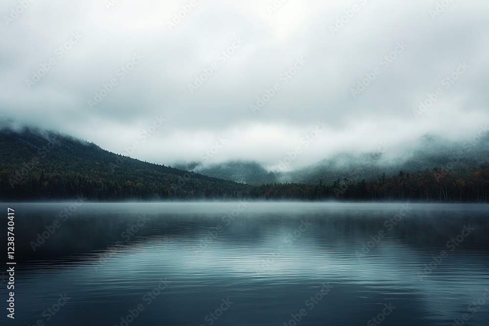 Misty morning on a tranquil lake mountains in the distance Misty morning on a tranquil lake mountains in the distance