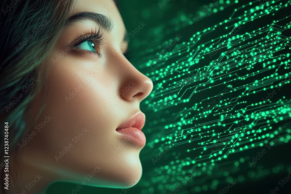 Futuristic Female Portrait with Digital Circuitry Overlay, Capturing the Essence of Technological Innovation and Artificial Intelligence, Showing a Close-up Profile View of a Woman's Face with Futuristic Female Portrait with Digital Circuitry Overlay, Capturing the Essence of Technological Innovation and Artificial Intelligence, Showing a Close-up Profile View of a Woman's Face with
