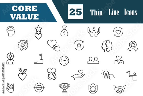 Core Values line icon set. Icons containing integrity, innovation, growth, goal, trust, family, passion, ethic, education, profession, success, fun, management etc. Vector illustration