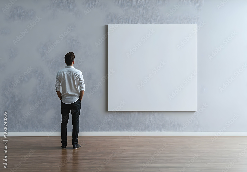 Contemplation Before Blank Canvas: A Man Gazing at a Large White Painting in a Minimalist Interior Contemplation Before Blank Canvas: A Man Gazing at a Large White Painting in a Minimalist Interior
