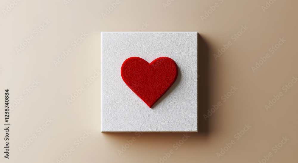 A vibrant red heart sits prominently on a plain white square canvas, symbolizing love and emotion. The minimalist design draws attention to the heart's warmth and connection in a contemporary space A vibrant red heart sits prominently on a plain white square canvas, symbolizing love and emotion. The minimalist design draws attention to the heart's warmth and connection in a contemporary space
