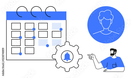 Calendar with marked dates, notification bell in gear icon, male character pointing, profile icon. Ideal for scheduling, reminders, time management, organization, appointments notifications